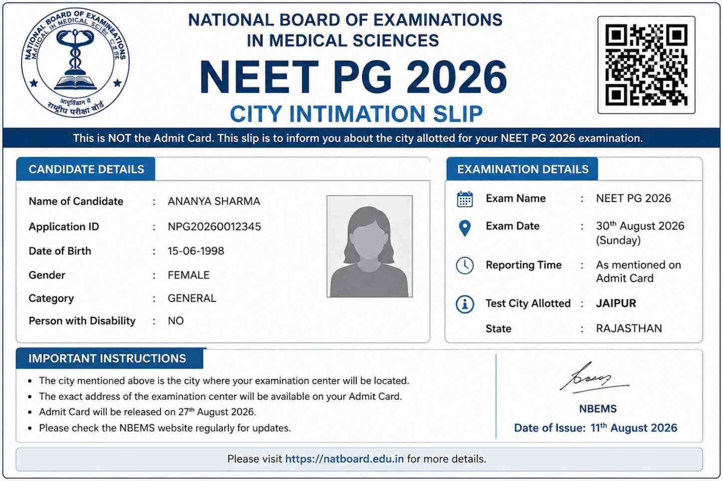 NEET PG 2026 City Intimation Slip